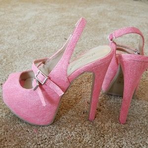 Pink Denim Mary Jane Peep Toe Pumps